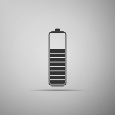 Pil şarj düzeyi göstergesi simgesi gri arka plan üzerinde izole. Düz tasarım. Vektör çizim