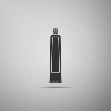 Tüp diş macunu simgesinin üzerinde gri arka plan izole. Düz tasarım. Vektör çizim