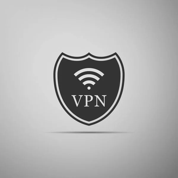 Escudo con VPN y WiFi icono de símbolo de red inalámbrica de Internet aislado sobre fondo gris. VPN protege el concepto de seguridad. Red privada virtual para la seguridad. Diseño plano. Ilustración vectorial — Vector de stock