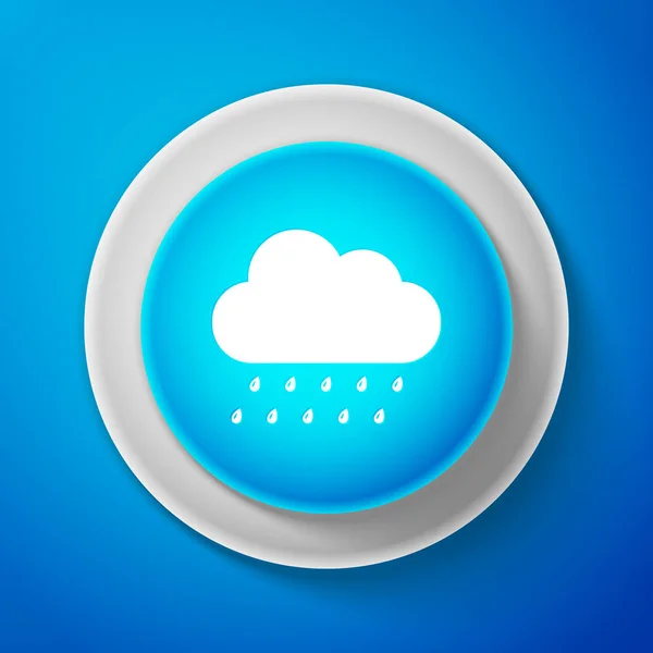 Bílý mrak s deštěm ikonou izolované na modrém pozadí. Déšť (nimbus) cloud srážky s kapkami deště. Kruh modré tlačítko s bílou linkou. Vektorové ilustrace — Stockový vektor
