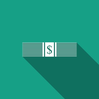 Kağıt para Amerikan doları ile uzun gölge izole simgesi nakit. Para banknot dolar simgesiyle yığını. Fatura para birimi. Düz tasarım. Vektör çizim