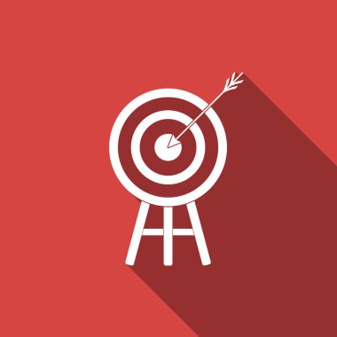 Ok simgesi ile uzun gölge izole ile hedef. Yönetim Kurulu üye dart. Okçuluk kurulu simgesi. Dart tahtası işareti. İş hedefi kavramı. Düz tasarım. Vektör çizim
