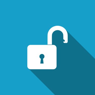 Açık asma kilit simgesi ile uzun gölge izole. Kilit simgesi. Düz tasarım. Vektör çizim