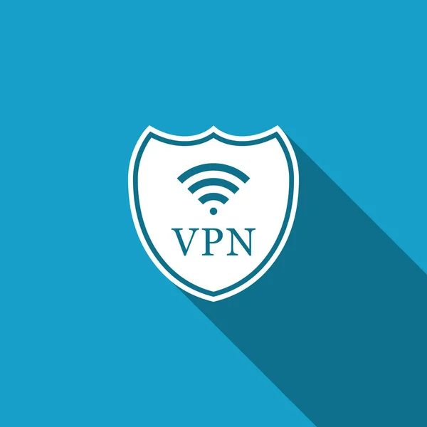 Escudo con VPN y WiFi icono de símbolo de red inalámbrica de Internet aislado con sombra larga. VPN protege el concepto de seguridad. Red privada virtual para la seguridad. Diseño plano. Ilustración vectorial — Vector de stock