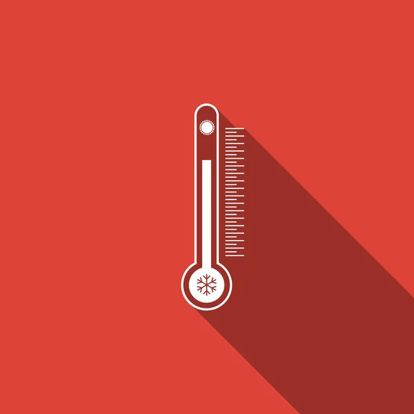 Termómetro con escala que mide el calor y el frío, con sol y copo de nieve icono aislado con sombra larga. Diseño plano. Ilustración vectorial — Vector de stock