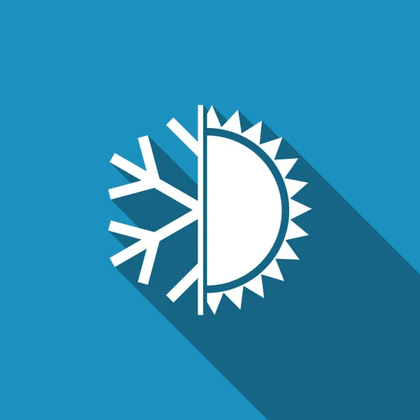 Ζεστό και κρύο σύμβολο. Ήλιος και νιφάδα χιονιού εικονίδιο απομονωμένη με πολύ σκιά. Σύμβολο του χειμώνα και το καλοκαίρι. Επίπεδη σχεδίαση. Εικονογράφηση διάνυσμα — Διανυσματικό Αρχείο