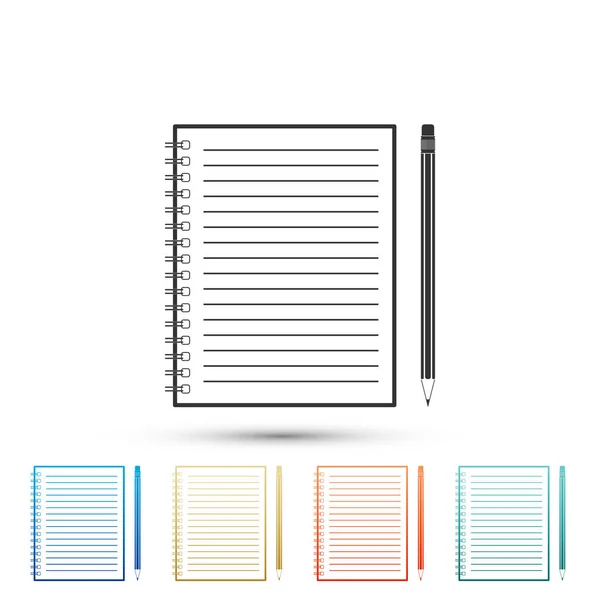 Caderno e lápis em branco com ícone de borracha isolado em fundo cinza. Definir elementos em ícones coloridos. Design plano. Ilustração vetorial — Vetor de Stock