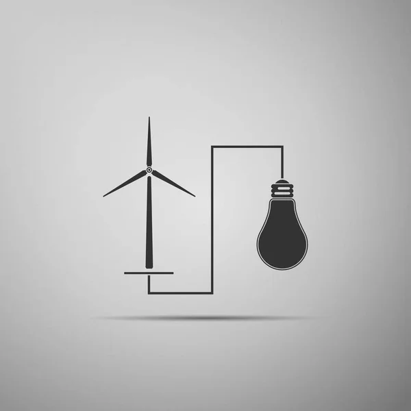 Turbina de molino de viento que genera energía eléctrica y el icono de bombilla brillante aislado sobre fondo gris. Producción alternativa de energía natural renovable utilizando molinos eólicos. Diseño plano. Ilustración vectorial — Vector de stock