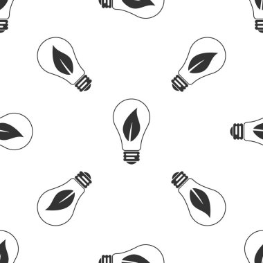 Ampul ile yaprak simgesi Dikişsiz desen beyaz arka plan üzerinde. Eko enerji kavramı. Düz tasarım. Vektör çizim