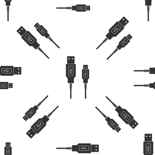 USB Micro кабели иконки бесшовный узор на белом фоне. Разъемы и розетки для мобильных устройств PC. Разъем периферийных устройств компьютера или подзарядки смартфонов. Плоский дизайн. Векторная миграция — стоковый вектор