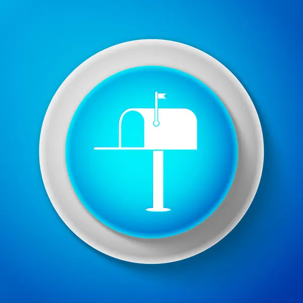 Open mail box icon isolated on blue background. Mailbox icon. Mail postbox on pole with flag. Circle blue button with white line. Vector illustration — Stock Vector