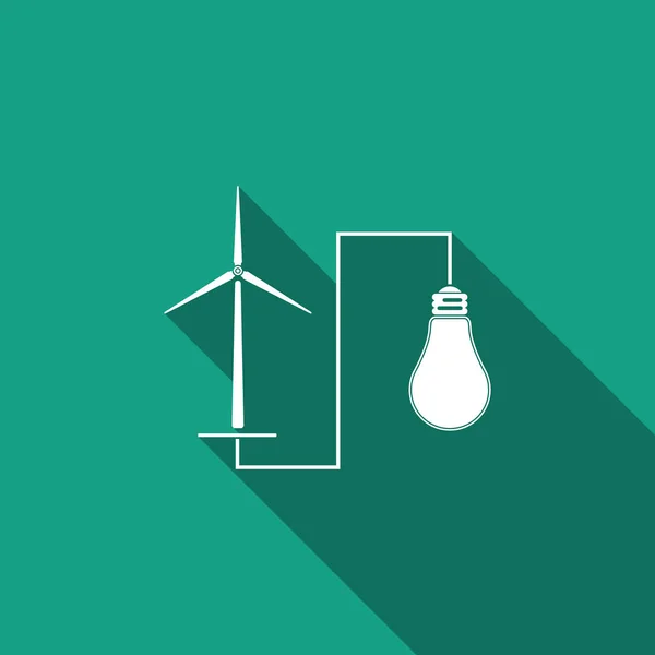 Wind mill turbine generating power energy and glowing light bulb icon isolated with long shadow. Alternative natural renewable energy production using wind mills. Flat design. Vector Illustration — Stockový vektor