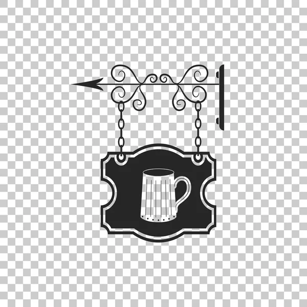 Vintage street signboard hanging on forged brackets with wooden mug of beer icon isolated on transparent background. Suitable for advertisements bar, tavern, cafe, pub, restaurant. Vector Illustration — Stock Vector