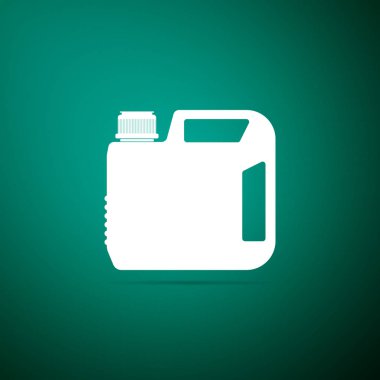 Plastik kutu motor makine yağı simgesi üzerinde yeşil arka plan izole için. Petrol galon. Yağ değiştirmek servis ve onarım. Motor yağı işareti. Düz tasarım. Vektör çizim