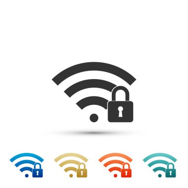 WiFi beyaz arka plan üzerinde izole işareti simgesi kilitli. Şifre kablosuz simgesi. Kablosuz ağ simgesini. WiFi alanına. Renkli simgeler kümesi öğeleri. Düz tasarım. Vektör çizim