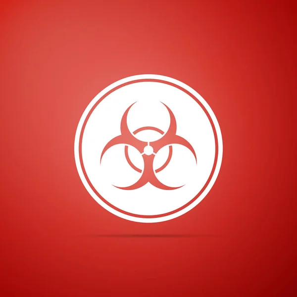 Biohazard symbol ikona na białym tle na czerwonym tle. Płaska konstrukcja. Ilustracja wektorowa — Wektor stockowy