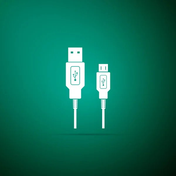 USB Micro cables icono aislado sobre fondo verde. Conectores y enchufes para PC y dispositivos móviles. Conector de periféricos de computadora o suministro de recarga de teléfonos inteligentes. Diseño plano. Ilustración vectorial — Archivo Imágenes Vectoriales