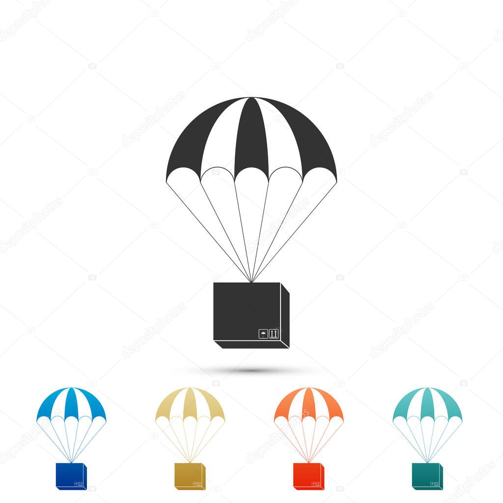 Box flying on parachute icon isolated on white background. Parcel with parachute for shipping. Delivery service, air shipping concept. Set elements in colored icons. Flat design. Vector Illustration