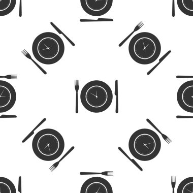 Saat, çatal ve bıçak simgesi izole Dikişsiz desen beyaz arka plan üzerinde plakalı. Öğle yemeği zamanı. Yemek, beslenme rejimi, yemek diyet ve zaman kavramı. Düz tasarım. Vektör çizim