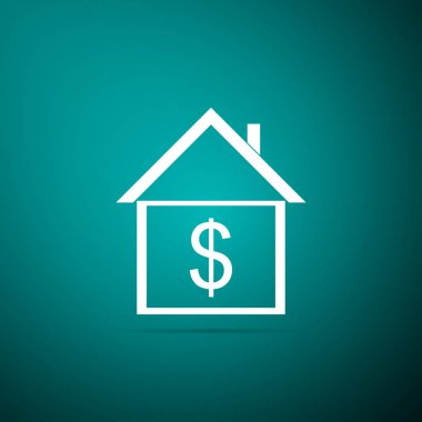 Yeşil arka plan üzerinde izole dolar simgesi olan ev. Ev ve para. Emlak kavramı. Düz tasarım. Vektör çizim