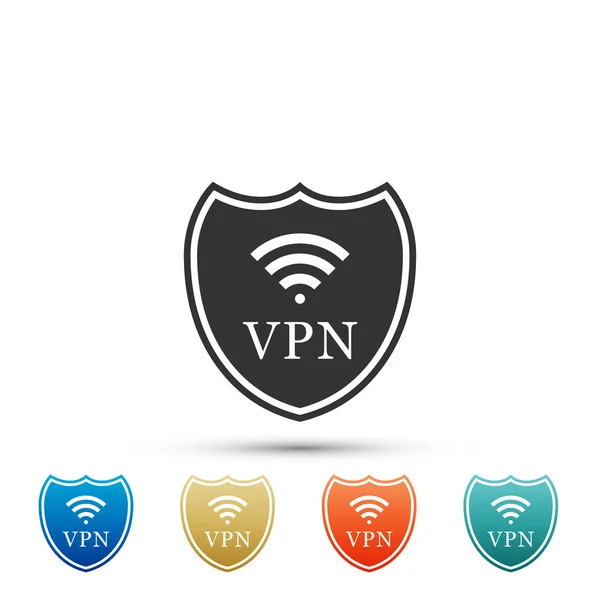 Vpn と Wifi 無線インターネット ネットワーク シンボル アイコンが白い背景の上の盾します。Vpn は、安全コンセプトを保護します。セキュリティのための仮想プライベート ネットワーク。カラー アイコンの要素を設定します。ベクトル図 — ストックベクタ
