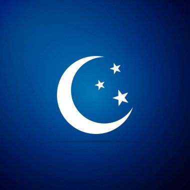 Ay ve yıldız simgesi üzerinde mavi arka plan izole. Düz tasarım. Vektör çizim