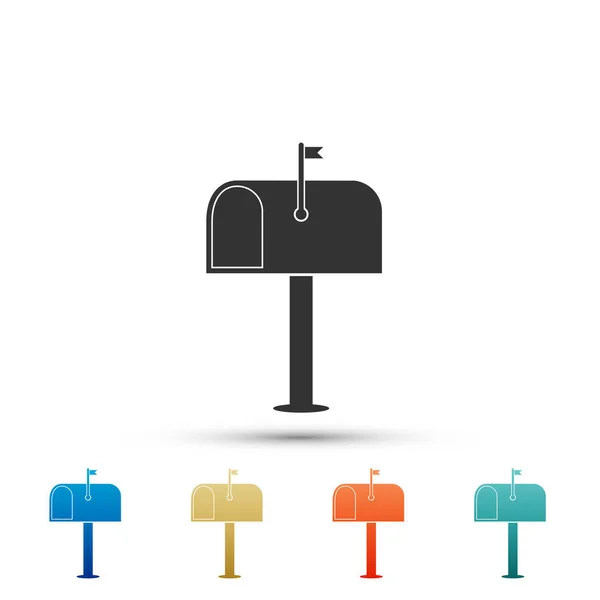 Mail box ikon elszigetelt fehér background. Postaláda ikonra. Levél postbox pole zászló. Színes ikonok beállítása lencsetag. Vektoros illusztráció — Stock Vector