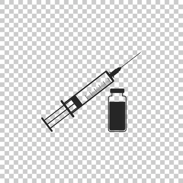 Медицинский шприц с иглой и значком флакона изолирован на прозрачном фоне. Концепция вакцинации, инъекции. Плоский дизайн. Векторная миграция — стоковый вектор
