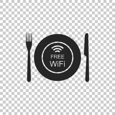 Saydam arka plan üzerinde izole Restoran ücretsiz Wi-Fi bölge kutsal kişilerin resmi. Tabak, çatal ve bıçak oturum açın. Düz tasarım. Vektör çizim