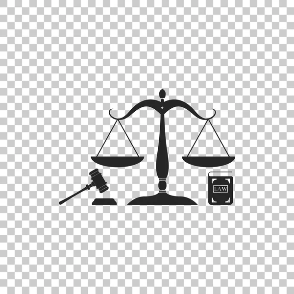 Balance de justice, marteau et icône du livre isolés sur fond transparent. Symbole du droit et de la justice. Droit conceptuel. Droit légal et symbole de vente aux enchères. Design plat. Illustration vectorielle — Image vectorielle