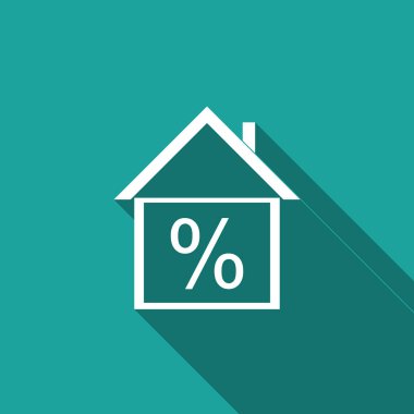 İndirim etiketi simgesi ile uzun gölge izole olan ev. Ev yüzde işareti fiyat. Ev Emlak. Kredi yüzde sembolü. Para kredi sembolü. Düz tasarım. Vektör çizim