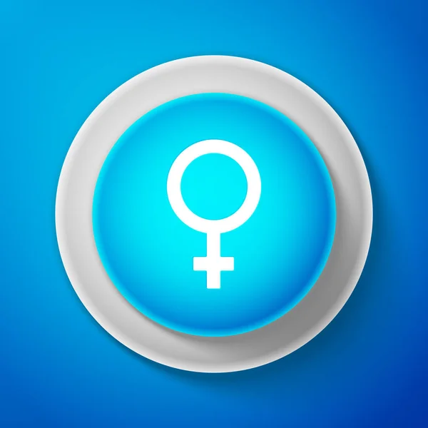 Icono de símbolo de género femenino aislado sobre fondo azul. Símbolo Venus. El símbolo de un organismo femenino o una mujer. Círculo botón azul. Ilustración vectorial — Vector de stock