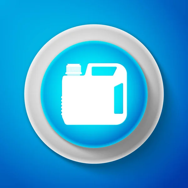 Bote de plástico para el icono del aceite de la máquina de motor aislado sobre fondo azul. Un galón de aceite. Servicio de cambio de aceite y reparación. Signo de aceite del motor. Círculo botón azul. Ilustración vectorial — Vector de stock