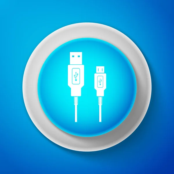 Icona USB Micro cavi su sfondo blu. Connettori e prese per PC e dispositivi mobili. Connettore periferiche del computer o alimentazione di ricarica smartphone. Pulsante blu cerchio. Illustrazione vettoriale — Vettoriale Stock