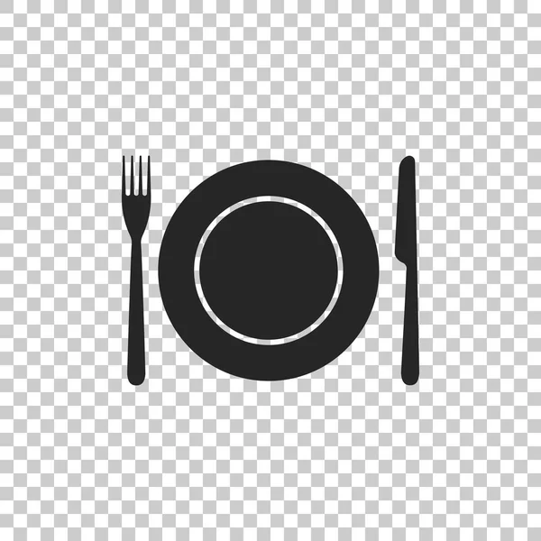 Plate, fork and knife icon isolated on transparent background. Cutlery symbol. Restaurant sign. Flat design. Vector Illustration — Stock Vector