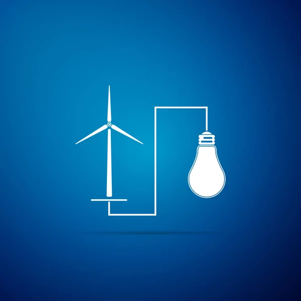 Turbina de molino de viento que genera energía eléctrica y el icono de bombilla brillante aislado en el fondo azul. Producción alternativa de energía natural renovable utilizando molinos eólicos. Diseño plano. Ilustración vectorial — Vector de stock