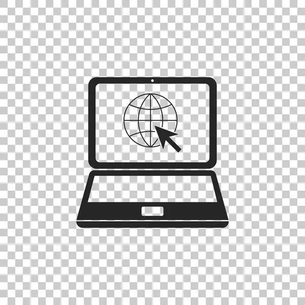 На экране ноутбука иконка выделена на прозрачном фоне. Ноутбук с глобусом и курсором. Символ Всемирной паутины. Плоский дизайн. Векторная миграция — стоковый вектор