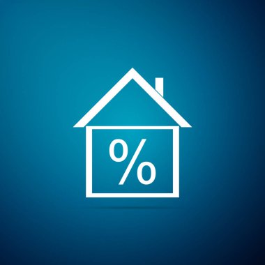 Üzerinde mavi arka plan izole indirim etiketi simgesi olan ev. Ev yüzde işareti fiyat. Ev Emlak. Kredi yüzde sembolü. Para kredi sembolü. Düz tasarım. Vektör çizim
