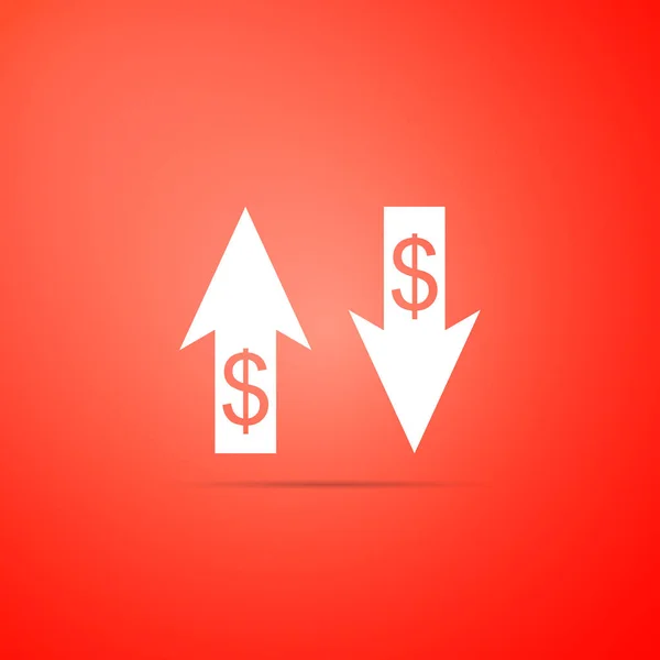 Uppåt-och nedåtpilarna med dollar symbolikon isolerad på orange bakgrund. Affärsidé. Platt design. Vektorillustration — Stock vektor