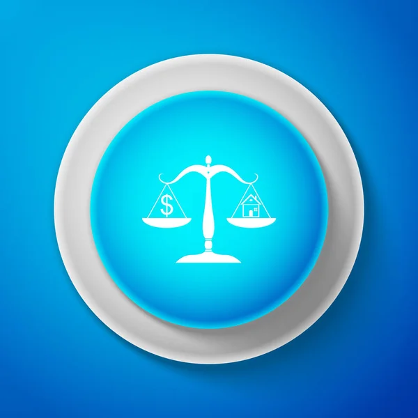 House és a dollár szimbólum mérlegek ikonra elszigetelt kék háttér. Kék kör gombot. Vektoros illusztráció — Stock Vector