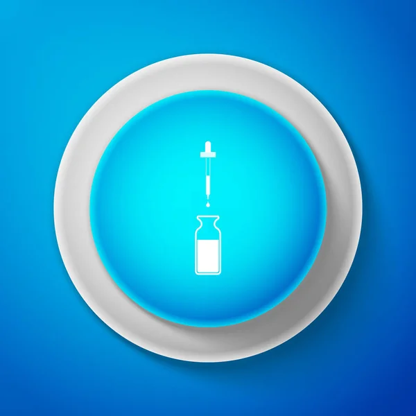 Glass bottle with a pipette. Vial with a pipette inside and closed lid icon isolated on blue background. Container for medical and cosmetic product. Circle blue button. Vector Illustration — Stock Vector