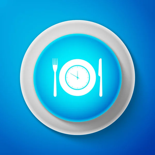 Plaat met klok, vork en mes pictogram geïsoleerd op blauwe achtergrond. Lunchtijd. Eten, voeding regime, maaltijd tijd en dieet concept. Cirkel blauwe knop. Vectorillustratie — Stockvector