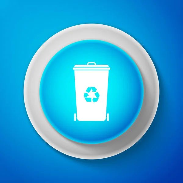 Papelera de reciclaje con icono de símbolo de reciclaje aislado sobre fondo azul. Icono de bote de basura. Cartel de basura. Reciclar icono de cesta. Círculo botón azul. Ilustración vectorial — Vector de stock