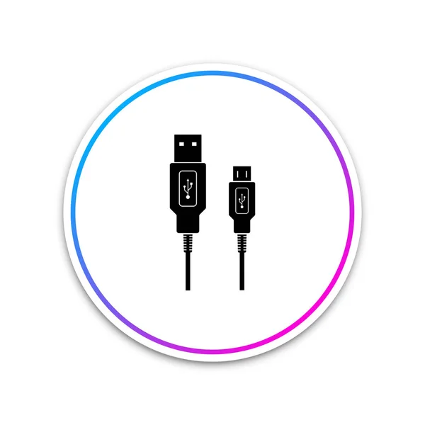 USB Micro kábel ikonra a fehér háttér előtt. Csatlakozók és aljzatok a Pc és a mobil eszközök. Számítógép perifériák csatlakozó vagy smartphone feltöltést ellátás. Fehér kör gombot. Vektoros illusztráció — Stock Vector