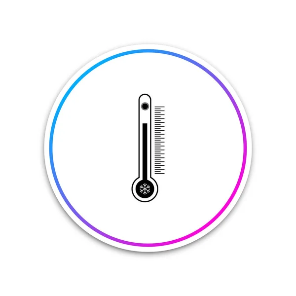 Термометр с масштабом измерения тепла и холода, с солнцем и снежинкой значок изолирован на белом фоне. Круглая белая кнопка. Векторная миграция — стоковый вектор
