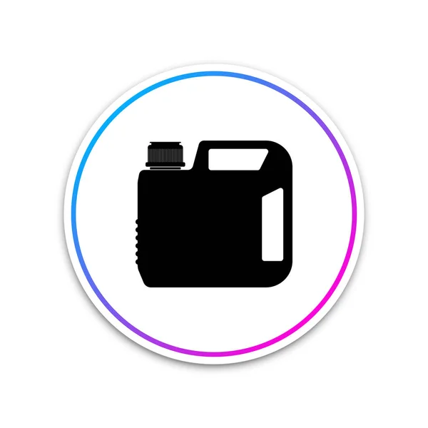 Bote de plástico para el icono del aceite de la máquina de motor aislado sobre fondo blanco. Un galón de aceite. Servicio de cambio de aceite y reparación. Signo de aceite del motor. Círculo botón blanco. Ilustración vectorial — Vector de stock