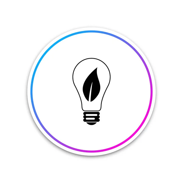 Glühbirne mit Blattsymbol auf weißem Hintergrund. Ökoenergiekonzept. Kreis weißer Knopf. Vektorillustration — Stockvektor