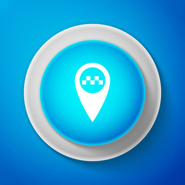 Map pointer with taxi icon isolated on blue background. Circle blue button. Vector Illustration