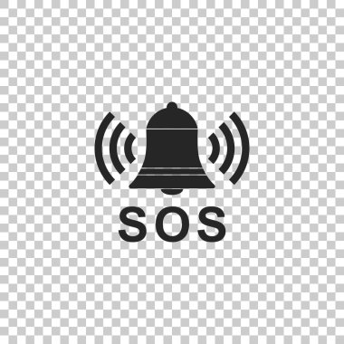 Alarm zili ve Sos yazı simgesini şeffaf arka plan üzerinde izole. Uyarı zili, yardım işareti. Acil durum Sos düğme. Düz tasarım. Vektör çizim