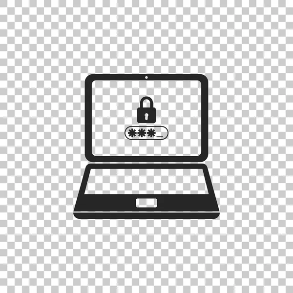 Laptop com bloqueio e página de formulário de senha no ícone de tela isolado em fundo transparente. Laptop com senha escudo de segurança campo chave. Formulário de login em um laptop. Design plano. Ilustração vetorial —  Vetores de Stock